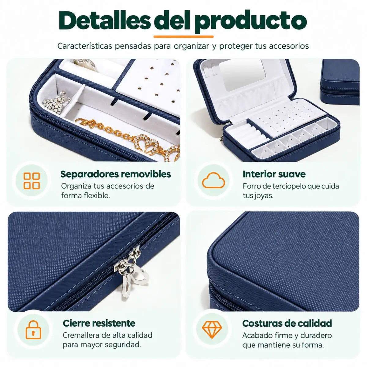 Joyero portátil con compartimentos interiores, espacio para anillos y soporte para diferentes joyas
