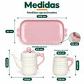 Medidas del juego de té con tetera, tazas y bandeja de presentación