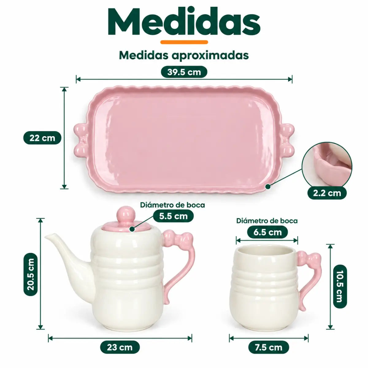 Medidas del juego de té con tetera, tazas y bandeja de presentación