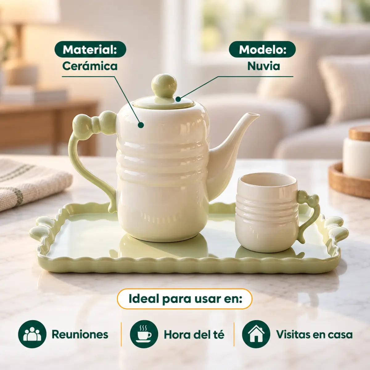 Set de té con tetera y tazas para servir bebidas calientes en reuniones y desayunos