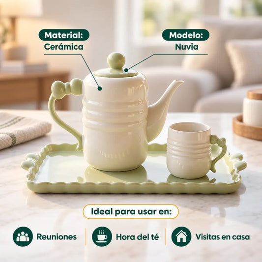 Set de té con tetera y tazas para servir bebidas calientes en reuniones y desayunos