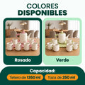 Juego de té disponible en rosado y verde con tetera de 1680 ml y tazas de 250 ml