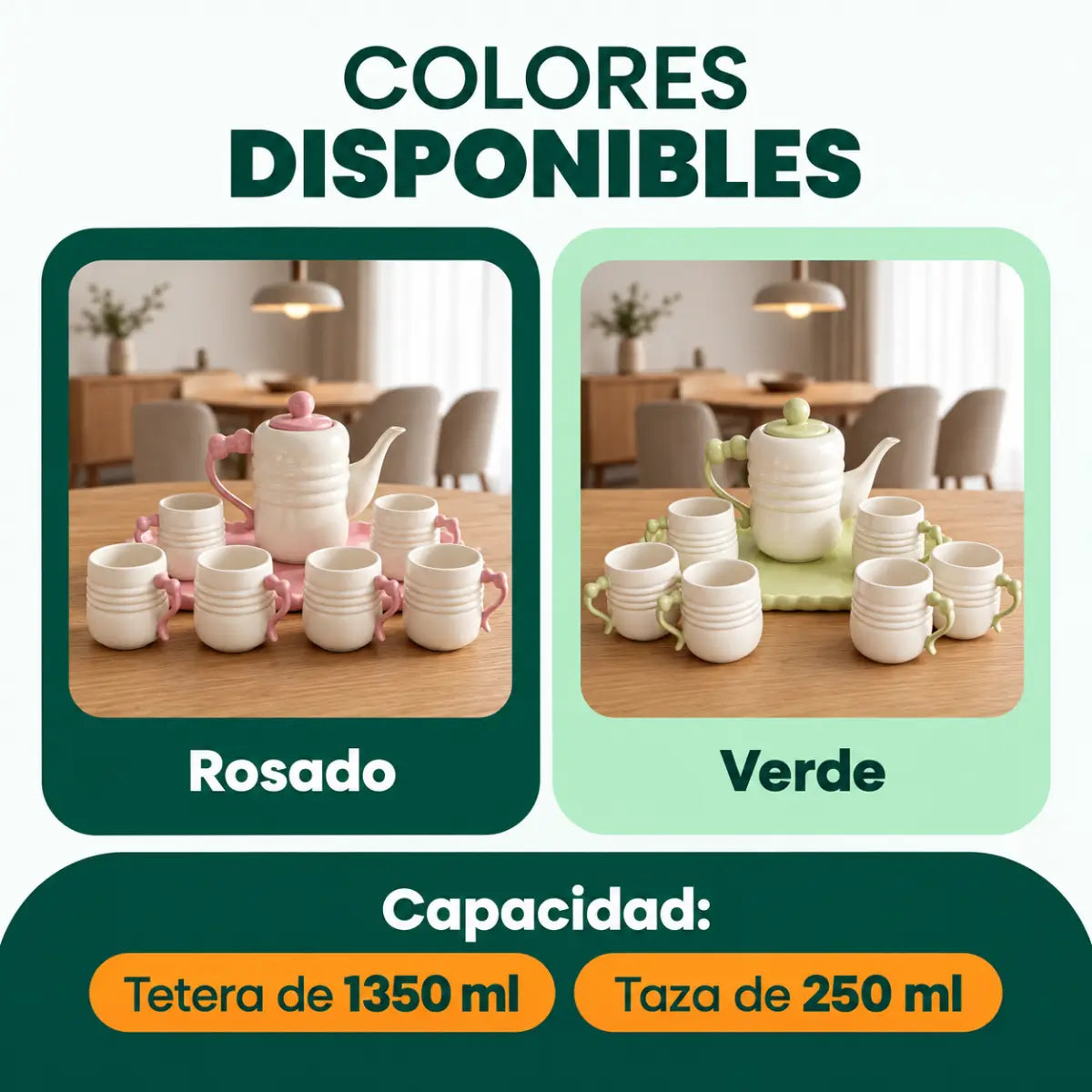 Juego de té disponible en rosado y verde con tetera de 1680 ml y tazas de 250 ml
