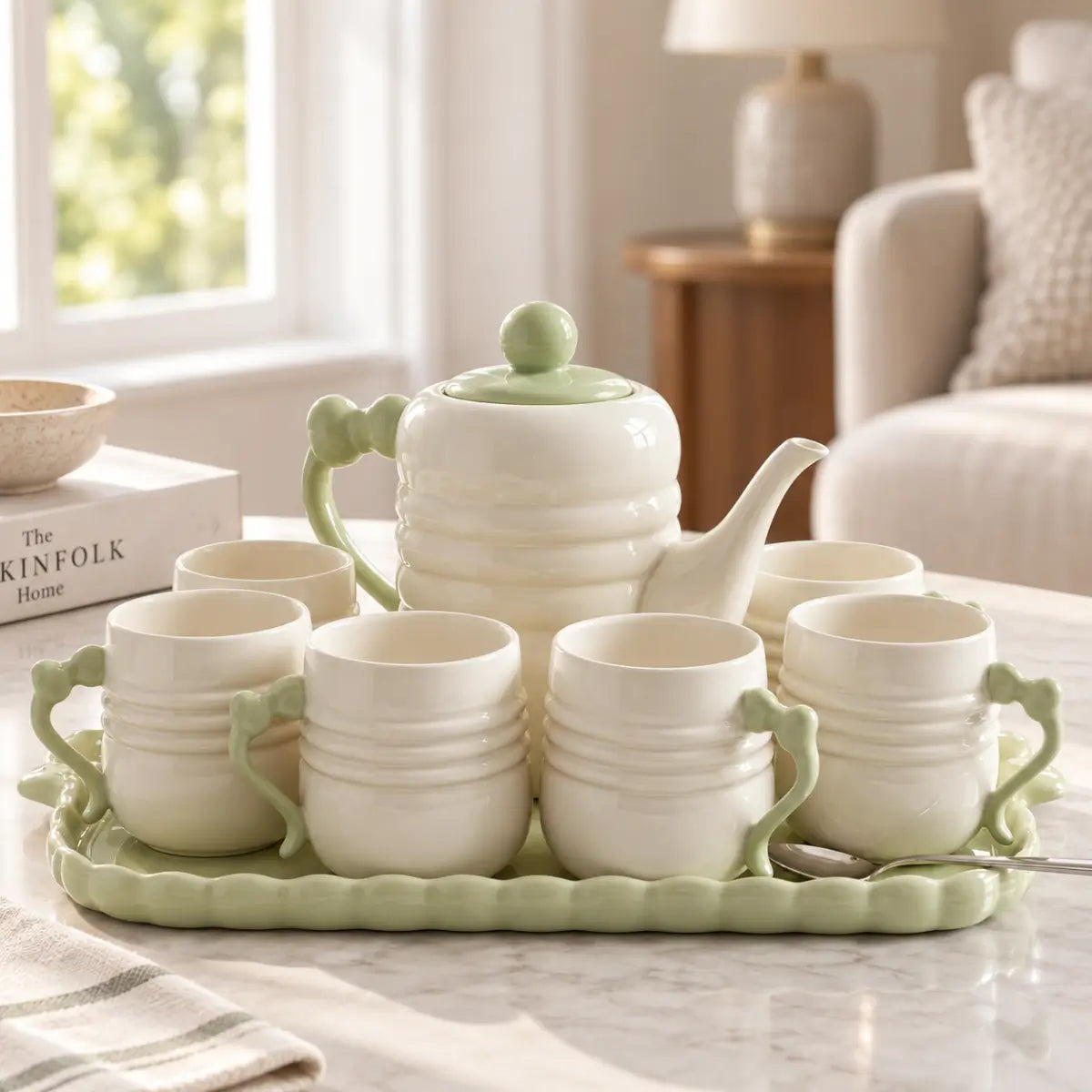 Juego de té completo con tetera, tazas y bandeja para organizar y servir en la mesa