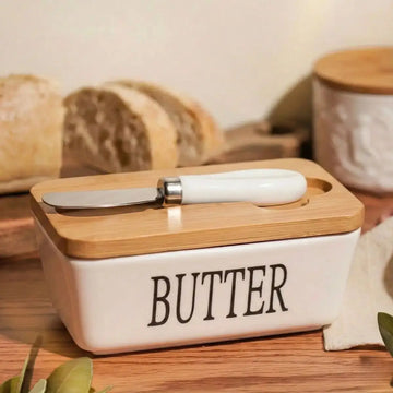 Mantequillera de Cerámica con Tapa de Bambú y Cuchillo