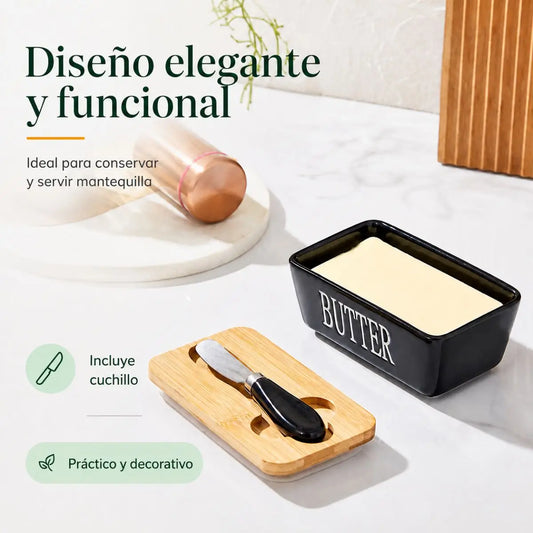 Mantequillera de Cerámica con Tapa de Bambú y Cuchillo
