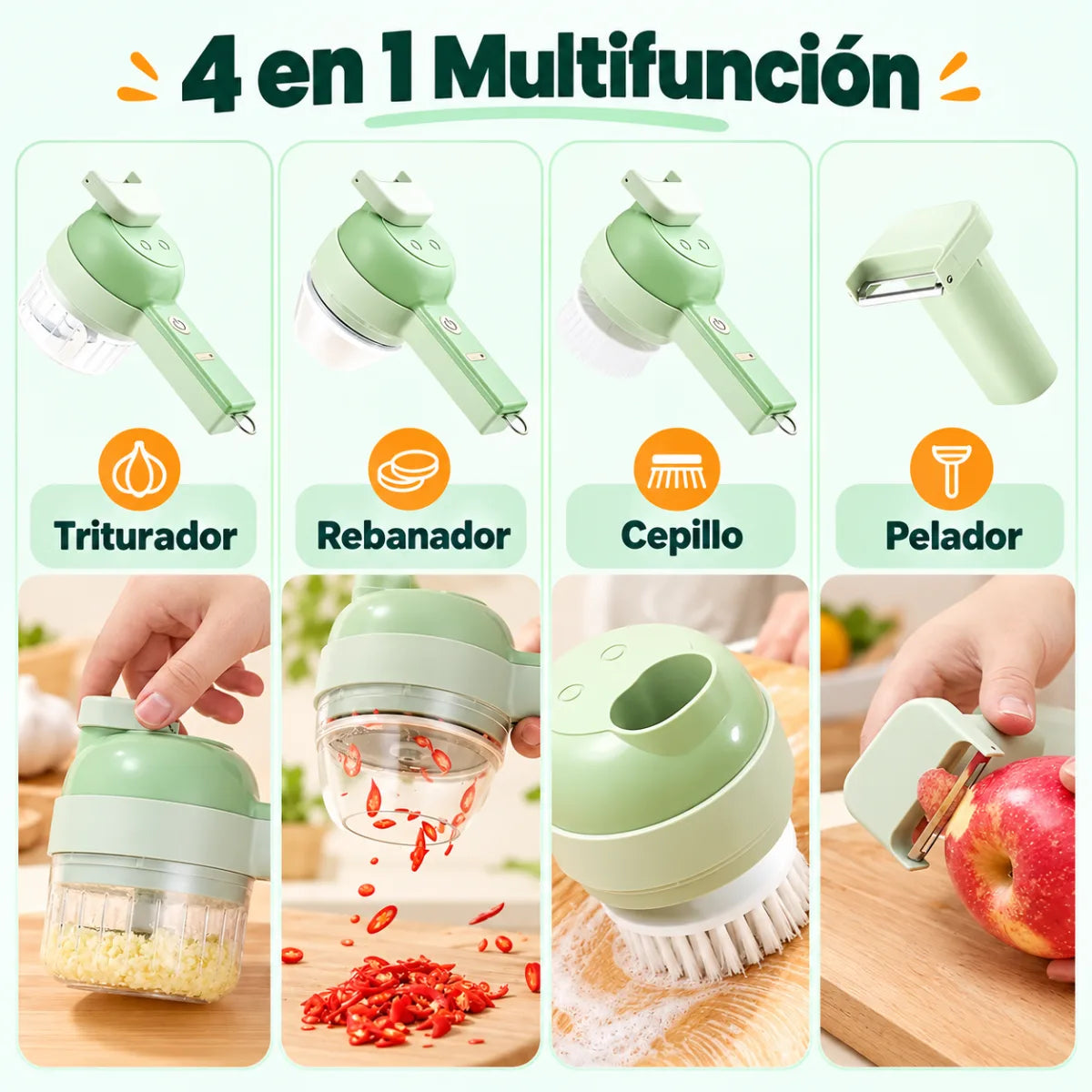 Picador multifuncional 4 en 1 con accesorios para cortar, picar y preparar diferentes alimentos