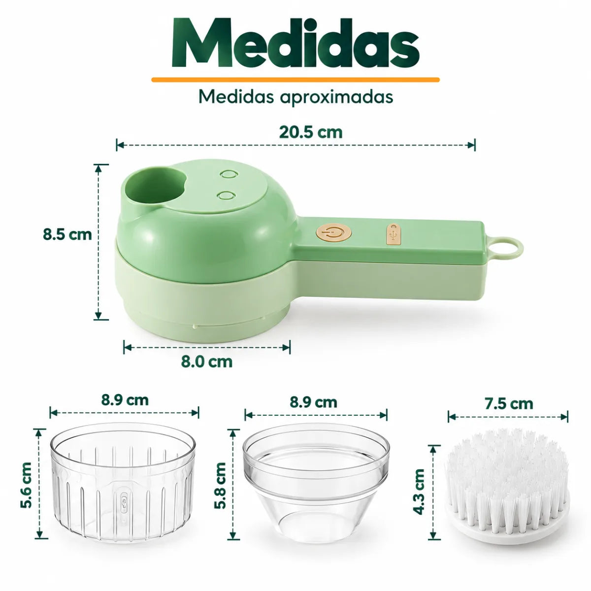 Medidas del picador eléctrico 4 en 1 recargable USB con accesorios intercambiables