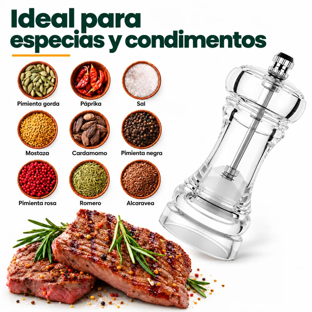 Molinillo manual para pimienta y diferentes especias utilizado para condimentar alimentos