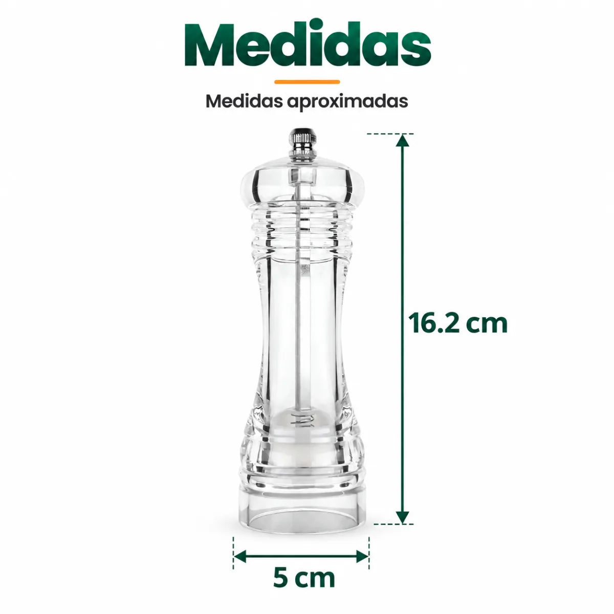 Molinillo de pimienta de aproximadamente 16.2 cm de alto y 5 cm de diámetro