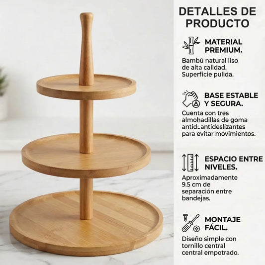 Porta Bocaditos de 3 Niveles de Bambú Minimalista