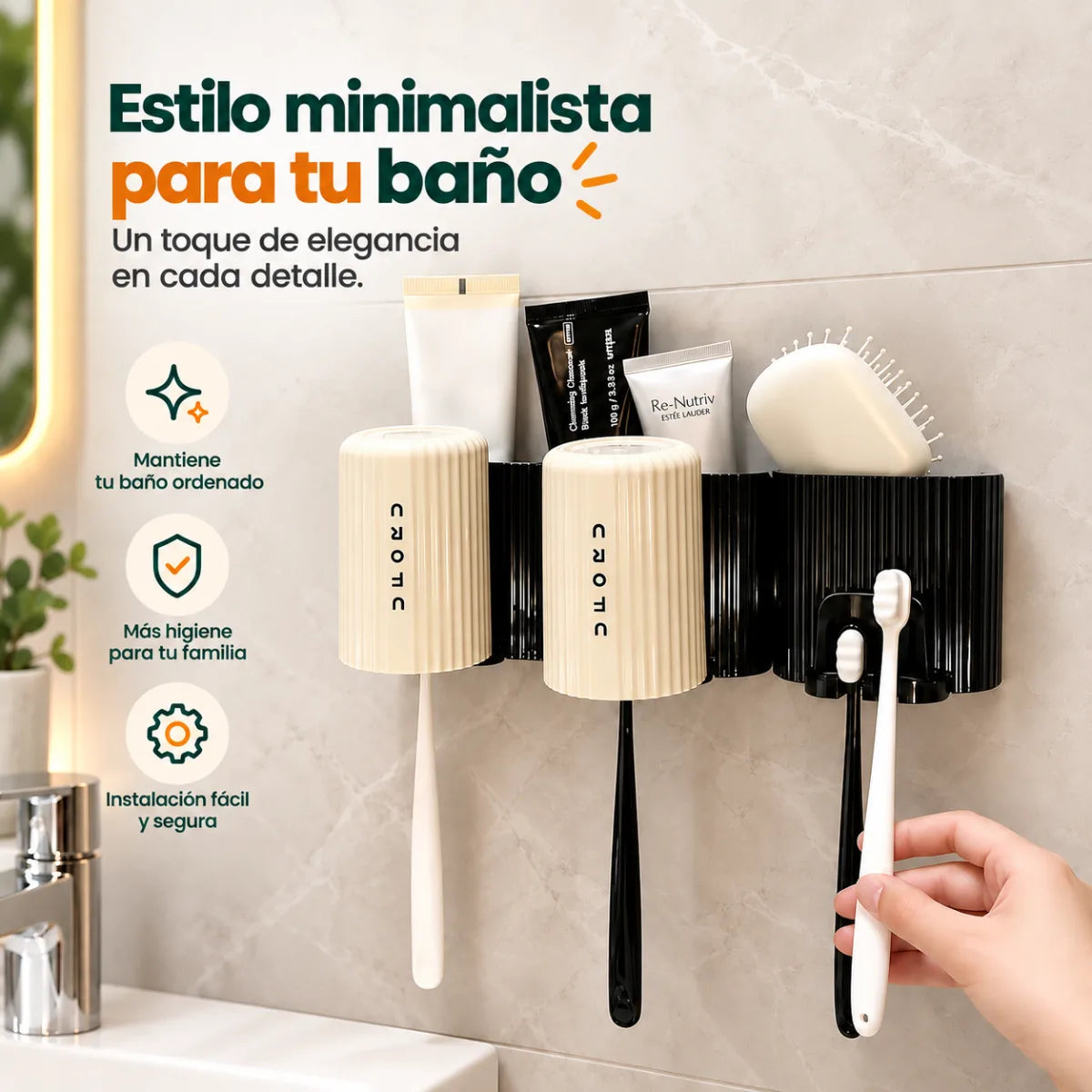 Organizador de baño con portavasos de aproximadamente 33 cm de ancho