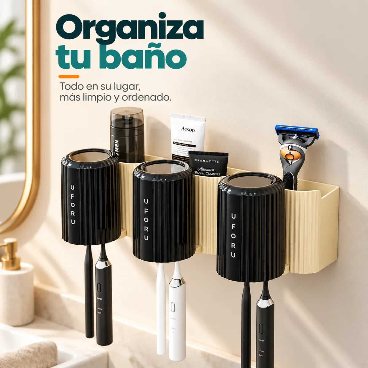 Organizador de baño con repisa y portavasos para mantener los accesorios ordenados y ahorrar espacio
