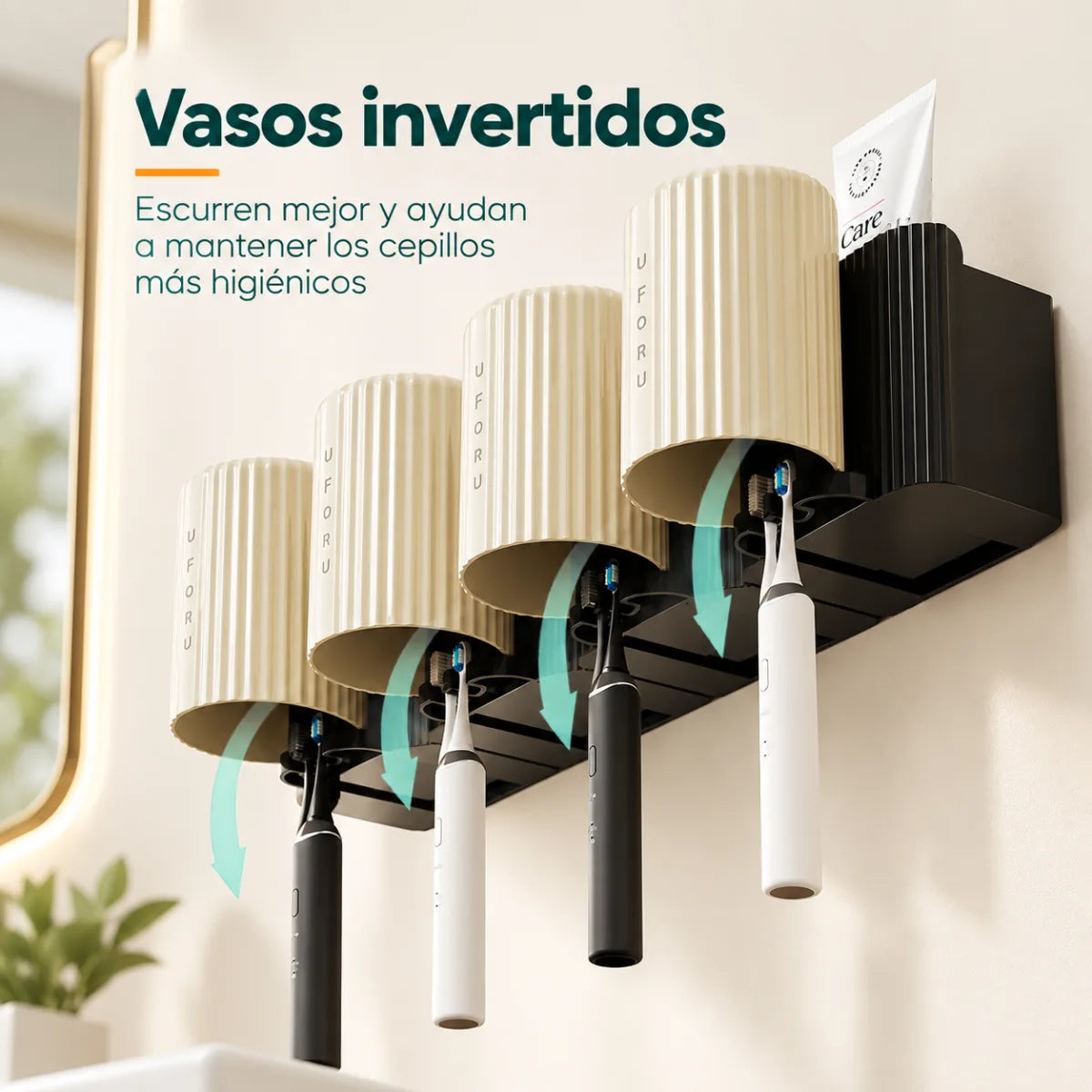 Porta cepillos de dientes con vasos individuales y soporte de pared para mantener el baño ordenado