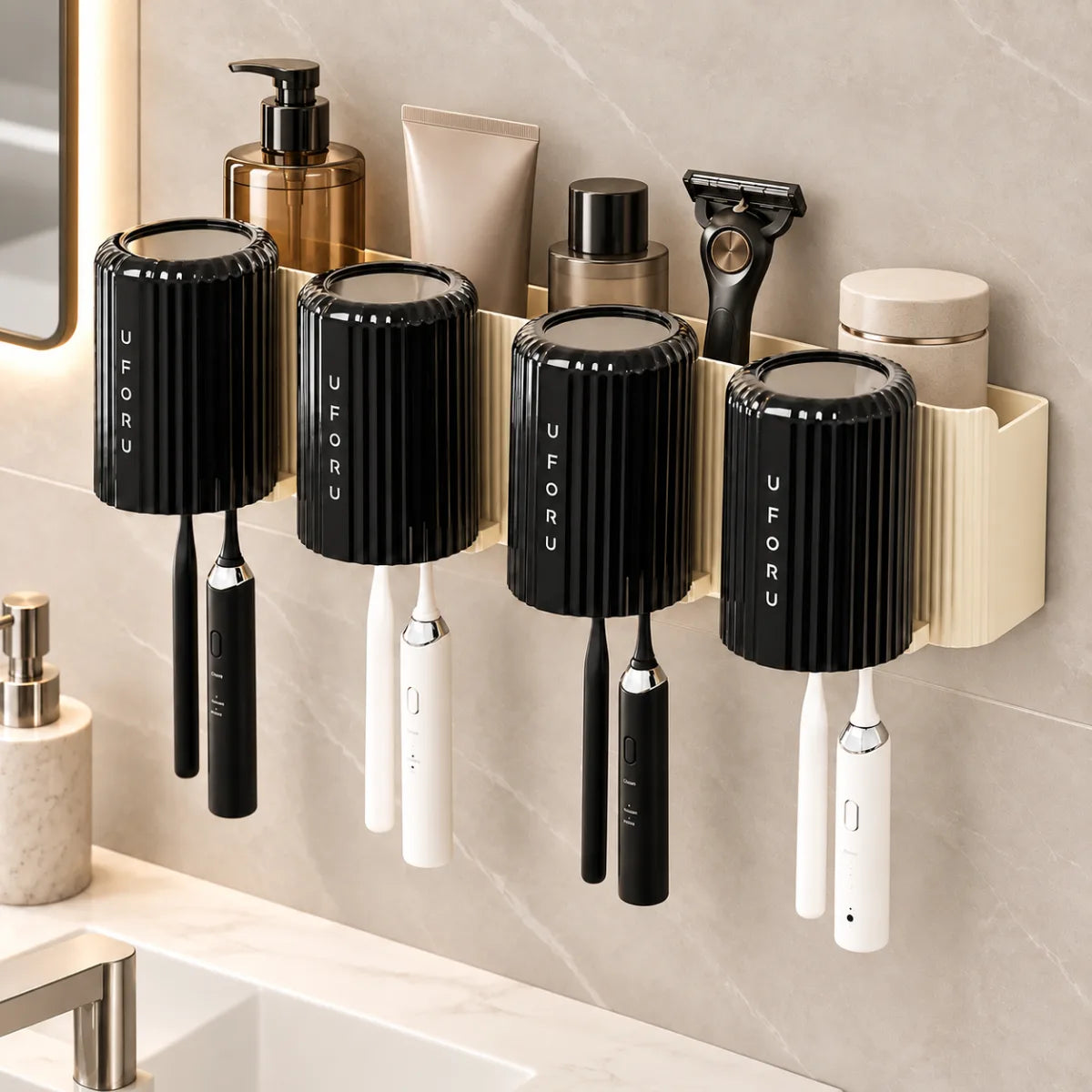 Organizador de baño de pared con portavasos, repisa superior y barra para toalla