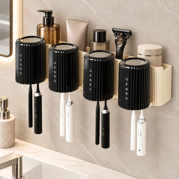 Organizador de baño de pared con portavasos, repisa superior y barra para toalla