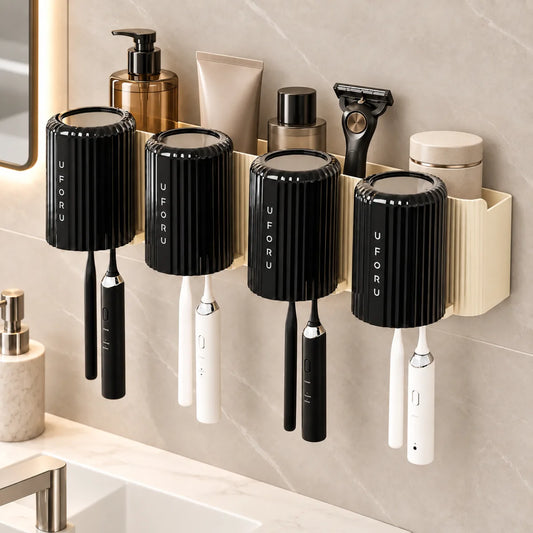 Organizador de baño de pared con portavasos, repisa superior y barra para toalla