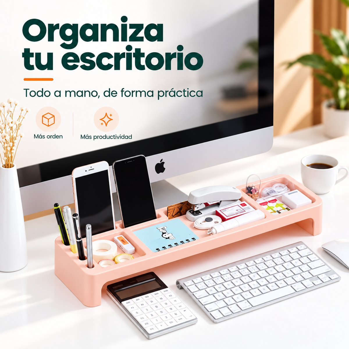 Organizador de escritorio para guardar celular, bolígrafos, notas y accesorios junto al monitor