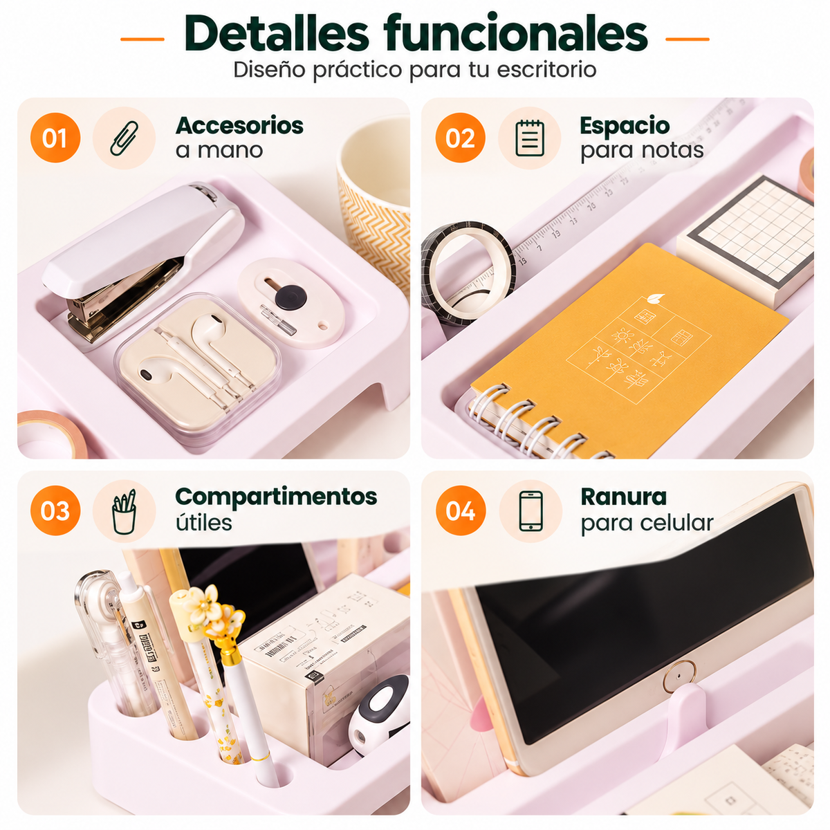Soporte organizador para monitor con compartimentos, porta celular y bandeja para accesorios