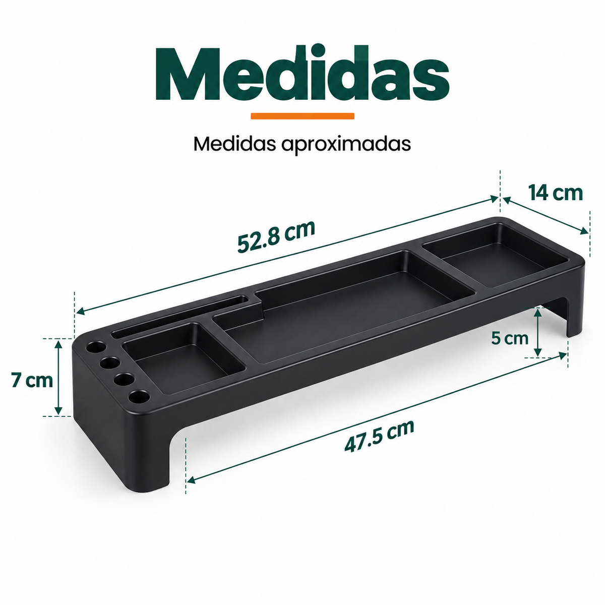 Organizador de escritorio para monitor de aproximadamente 52.8 cm de largo, 14cm de ancho y 7 cm de alto