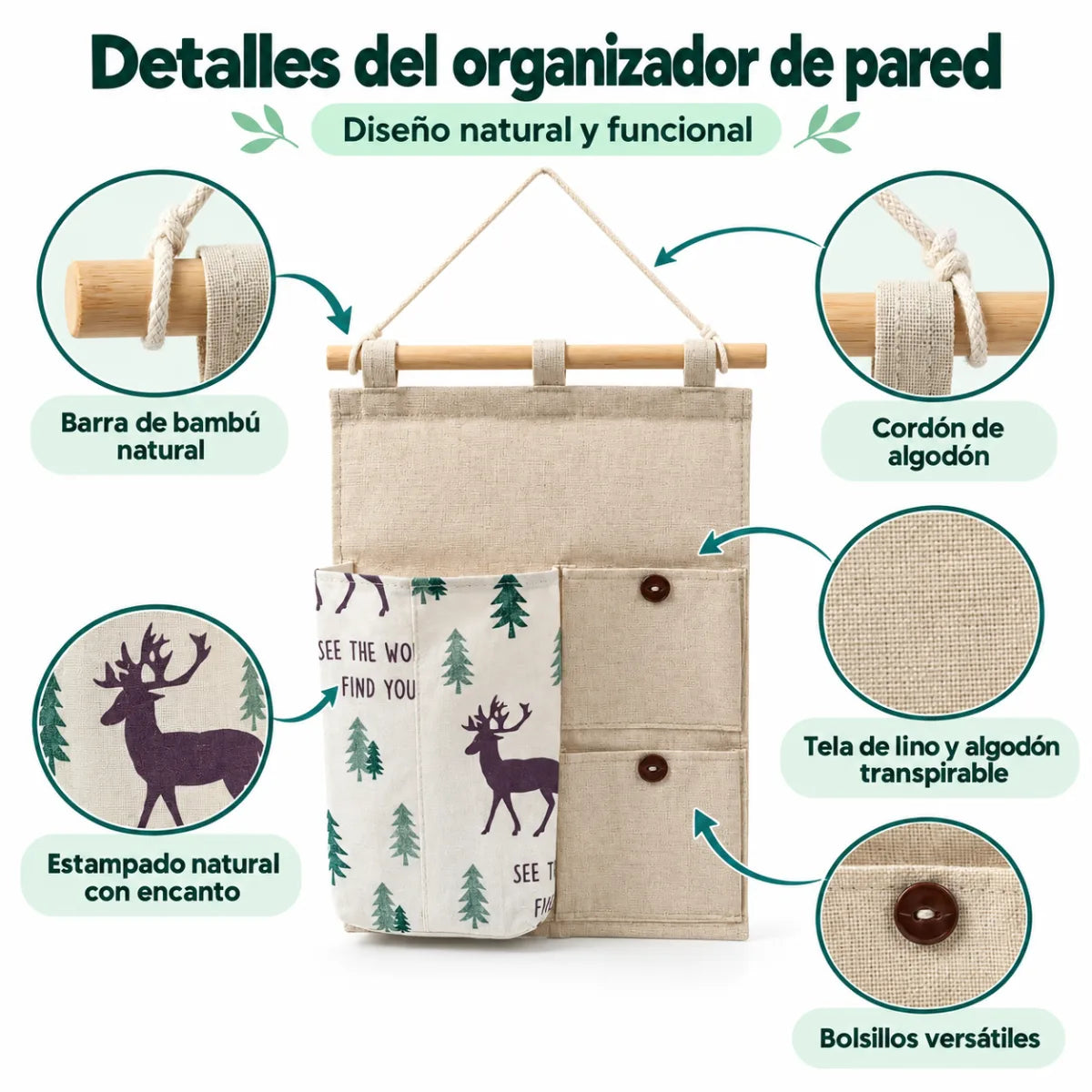 Organizador de tela para pared con barra superior de madera, cuerda para colgar y bolsillos frontales