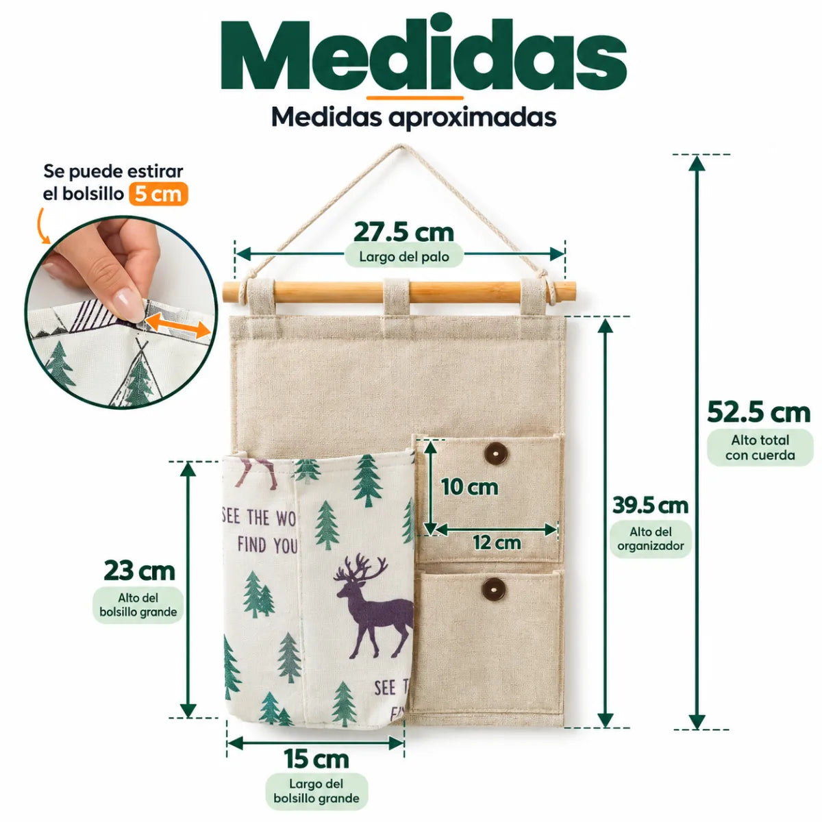 Medidas del organizador de pared con bolsillos de tela y diseño vertical colgante