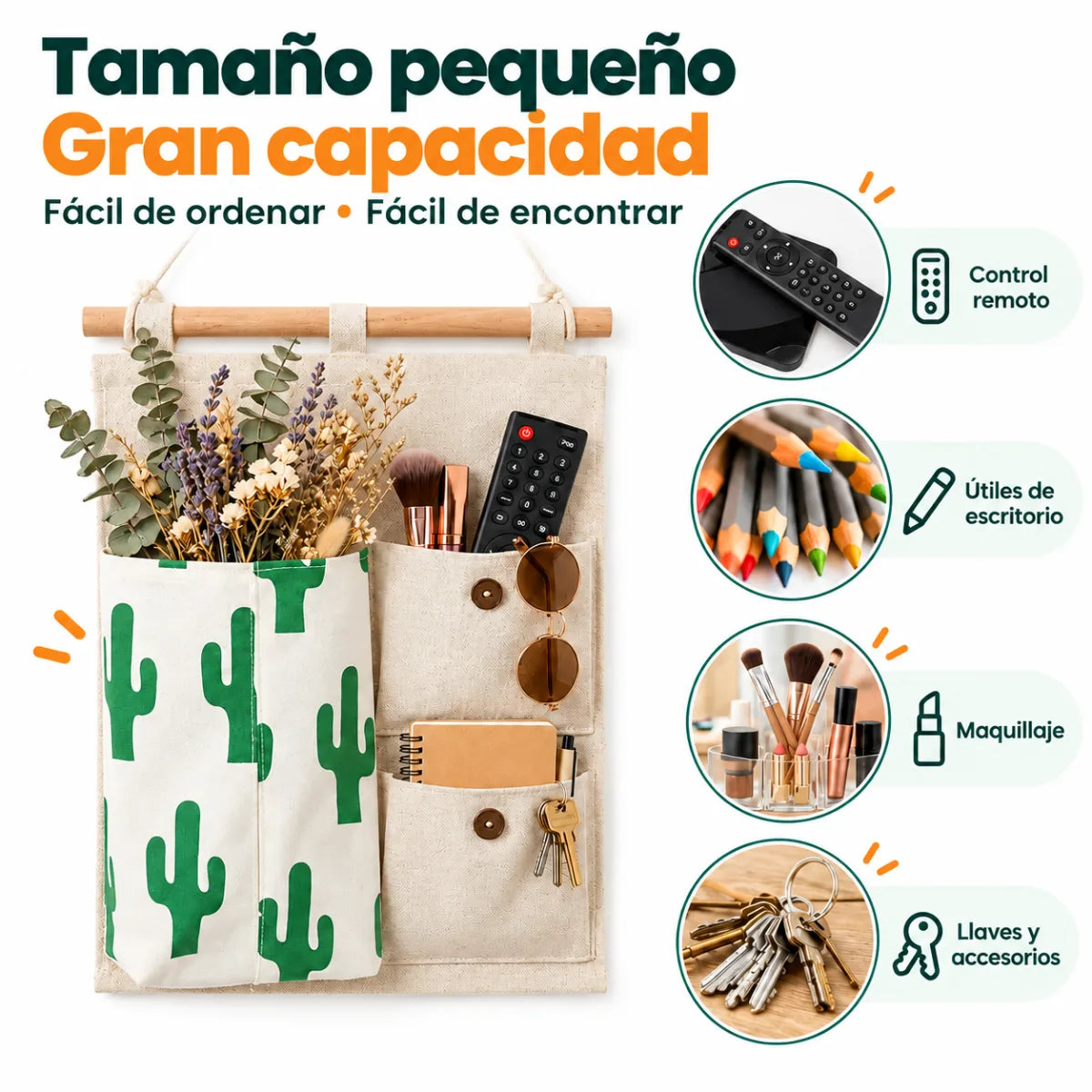 Organizador de pared compacto con varios bolsillos para guardar útiles, accesorios y pequeños objetos