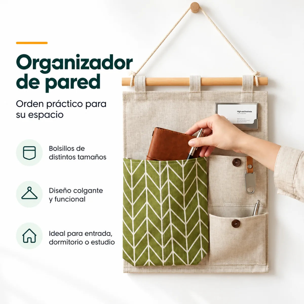 Bolsillero de pared con varios compartimentos para ordenar lápices, papeles y objetos pequeños