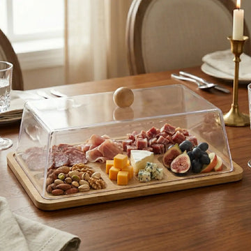 Porta Quesos de Bambú con Tapa Acrílica Rectangular