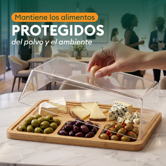 Porta Quesos de Bambú con Tapa Acrílica Rectangular