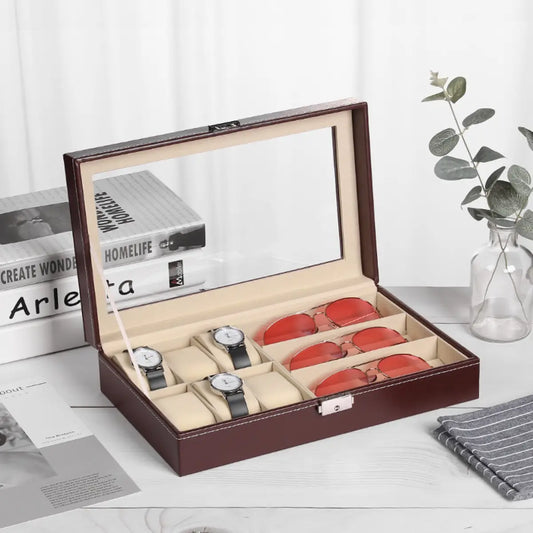 Caja Organizadora para Relojes y Gafas con Tapa de Vidrio y Cierre Seguro