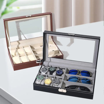 Caja Organizadora para Relojes y Gafas con Tapa de Vidrio y Cierre Seguro