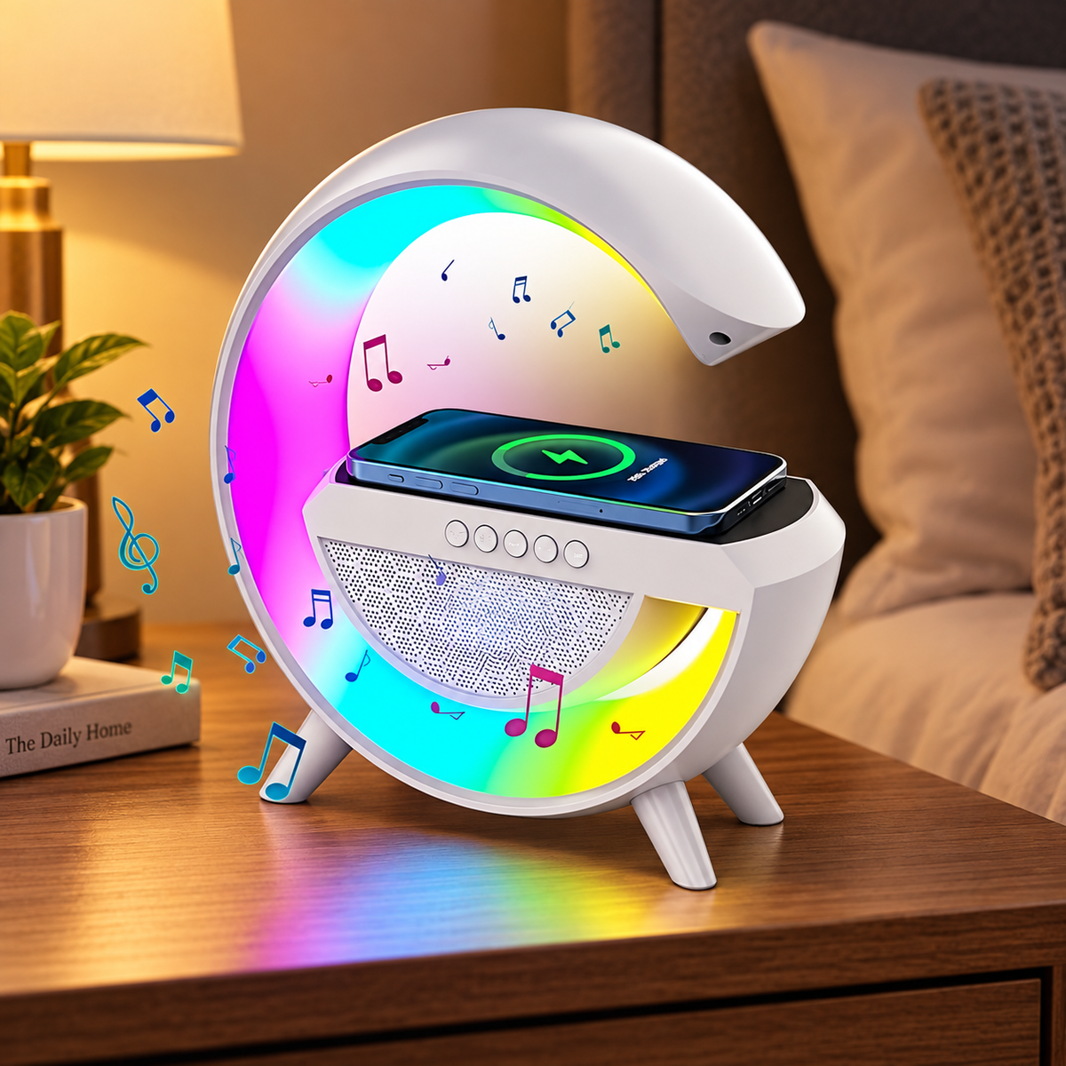 Lámpara LED multifuncional con carga inalámbrica para celular, iluminación multicolor y parlante integrado