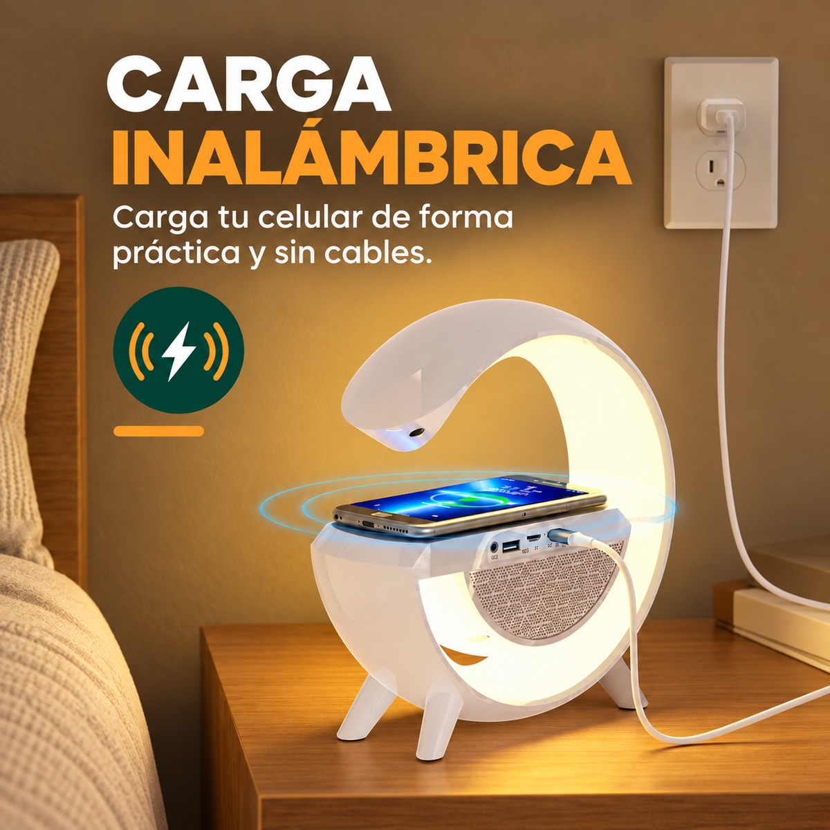 Lámpara de mesa con cargador inalámbrico integrado para colocar y cargar el celular