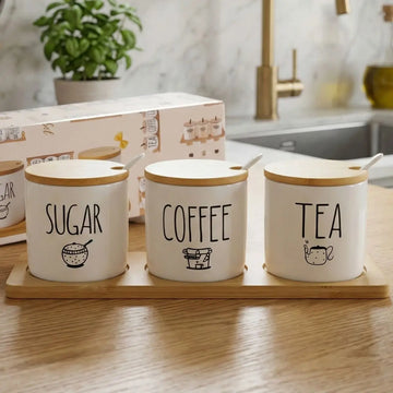 Set de Frascos de Cerámica con Tapa de Bambú Mediano