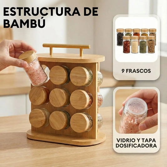Porta Condimentos de 9 Frascos Bambú