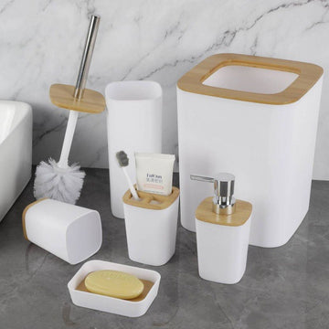 Set de Baño Terra de 6 Piezas con Tapa Tipo Bambú