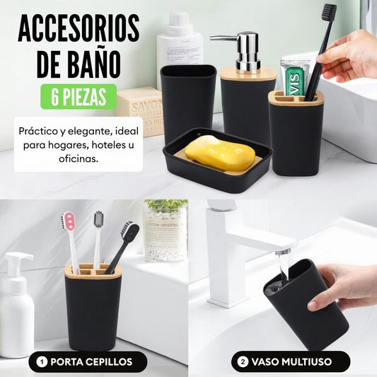 Set de Baño Terra de 6 Piezas con Tapa Tipo Bambú