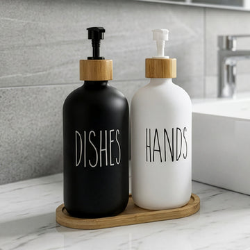 Set Dispensador Doble de Vidrio con Base de Bambú Nórdico