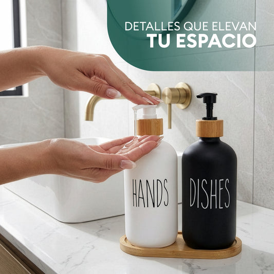 Set Dispensador Doble de Vidrio con Base de Bambú Nórdico