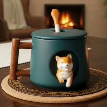 Juego de Taza Cerámica con Cuchara y Tapa Modelo Shiba