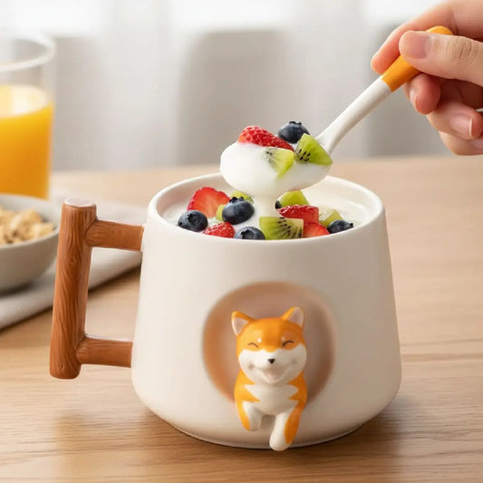Juego de Taza Cerámica con Cuchara y Tapa Modelo Shiba