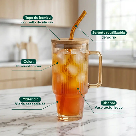 Taza de Vidrio Tornasol con Tapa de Bambú y Sorbete Praga