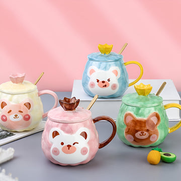 Taza Con Tapa y Cuchara Diseños De Osos Kawaii