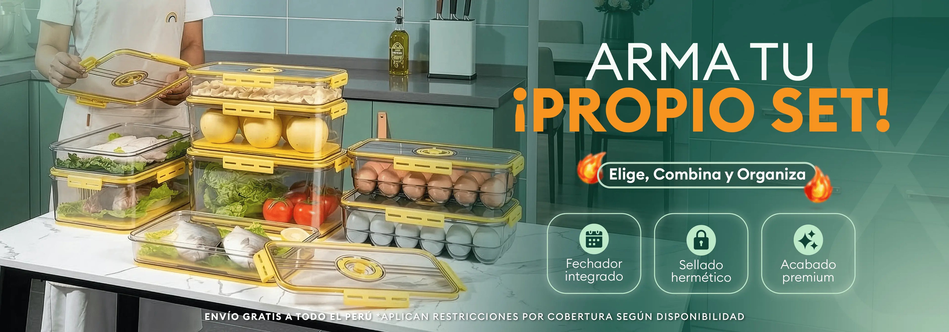 Banner de organizadores de cocina con set de contenedores herméticos para almacenar alimentos