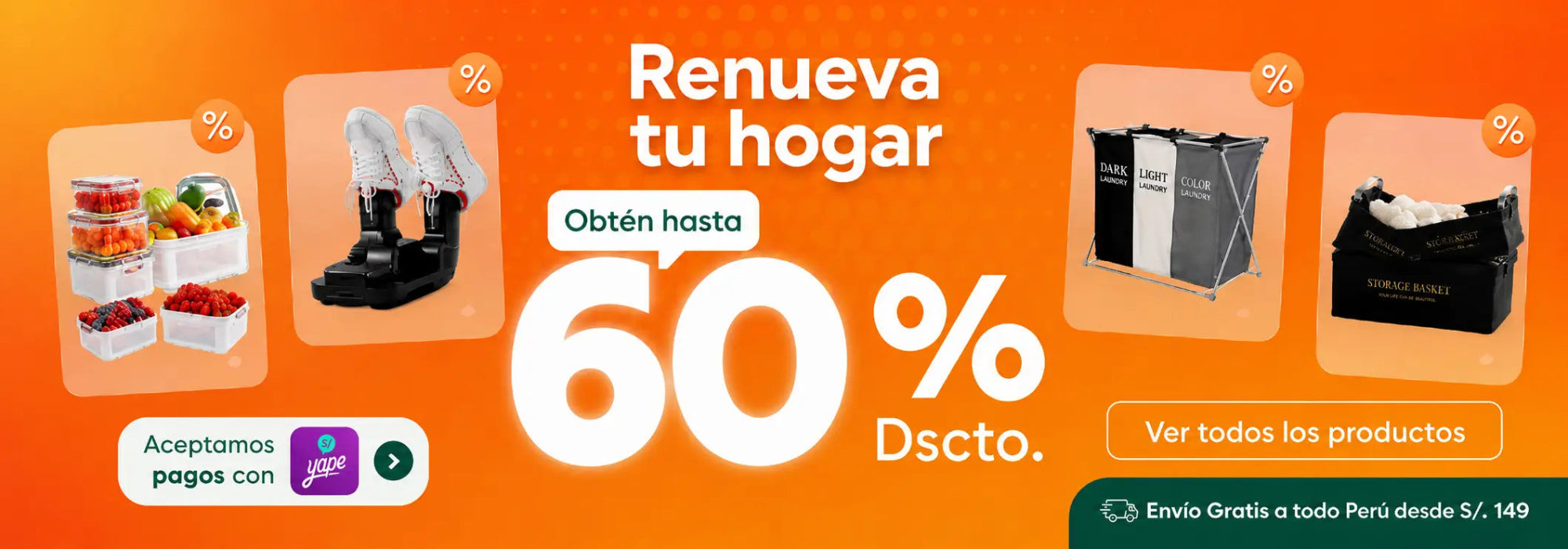 Banner promocional de ofertas para renovar tu hogar con productos de organización y almacenamiento