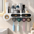 Organizador de baño multifuncional de pared con repisa, vasos y espacio para cepillos de dientes