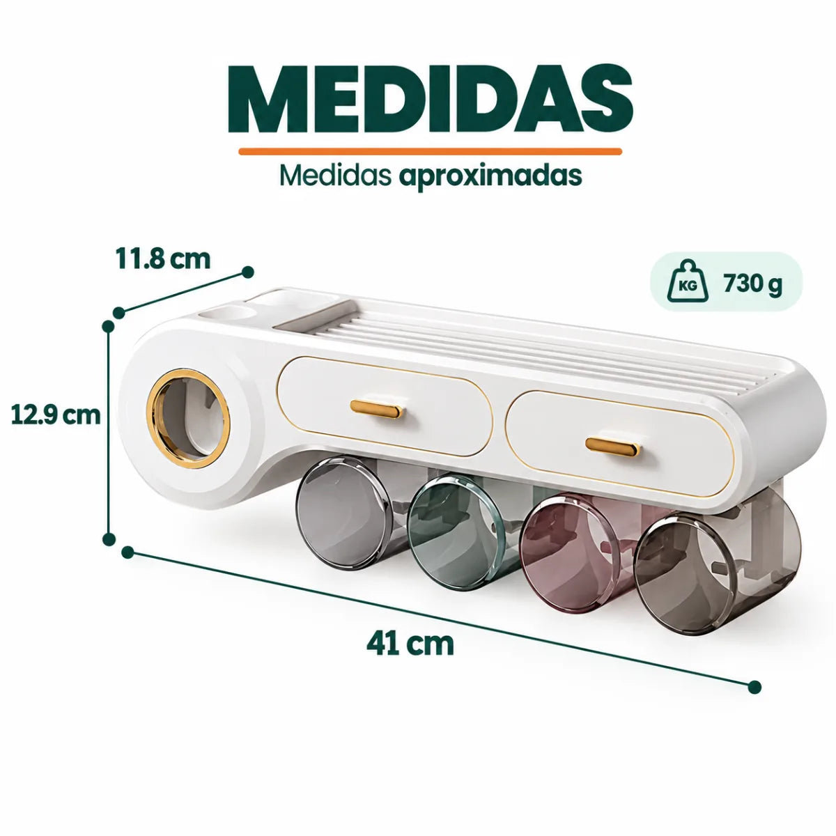 Medidas del organizador de baño multifuncional con vasos, compartimentos y dispensador de pasta dental