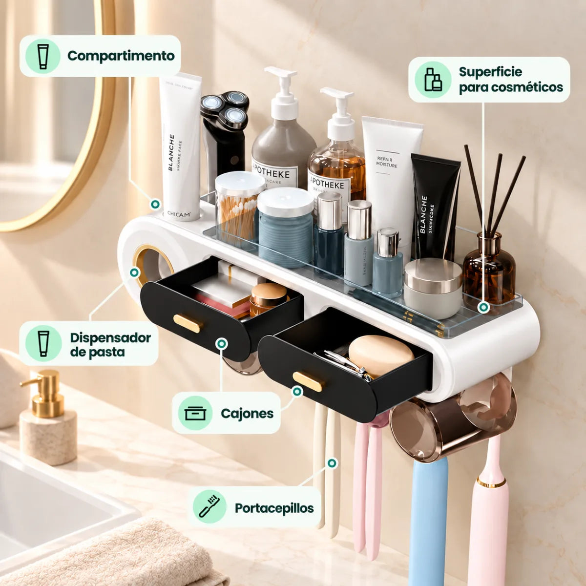 Organizador de pared para baño con espacio para cosméticos, cepillos, vasos y productos de higiene