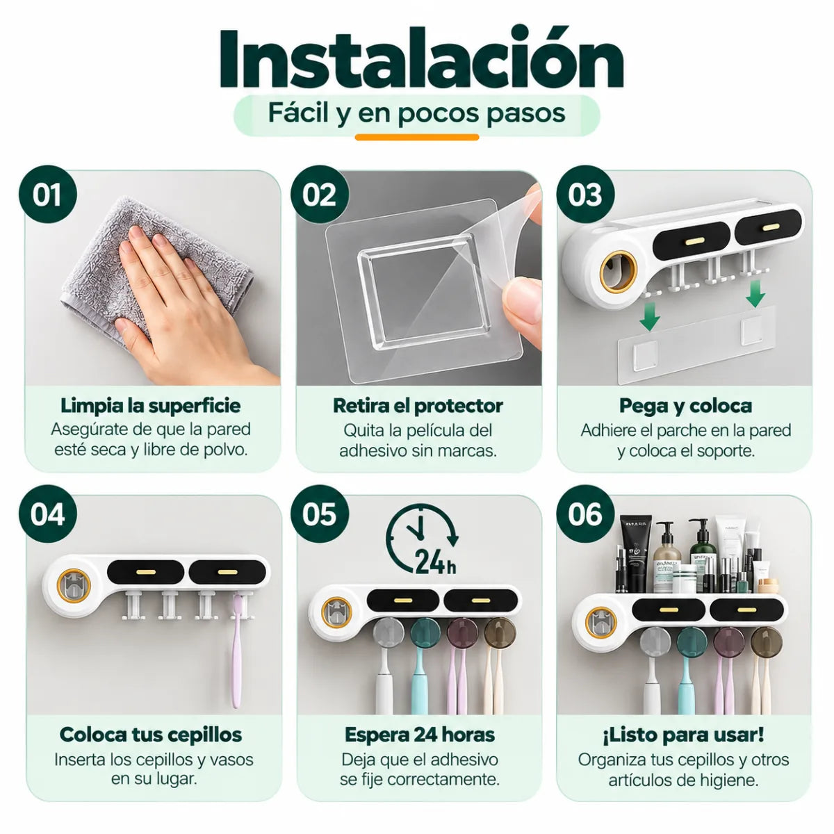 Instalación del organizador de baño de pared con sistema adhesivo y sin necesidad de perforar